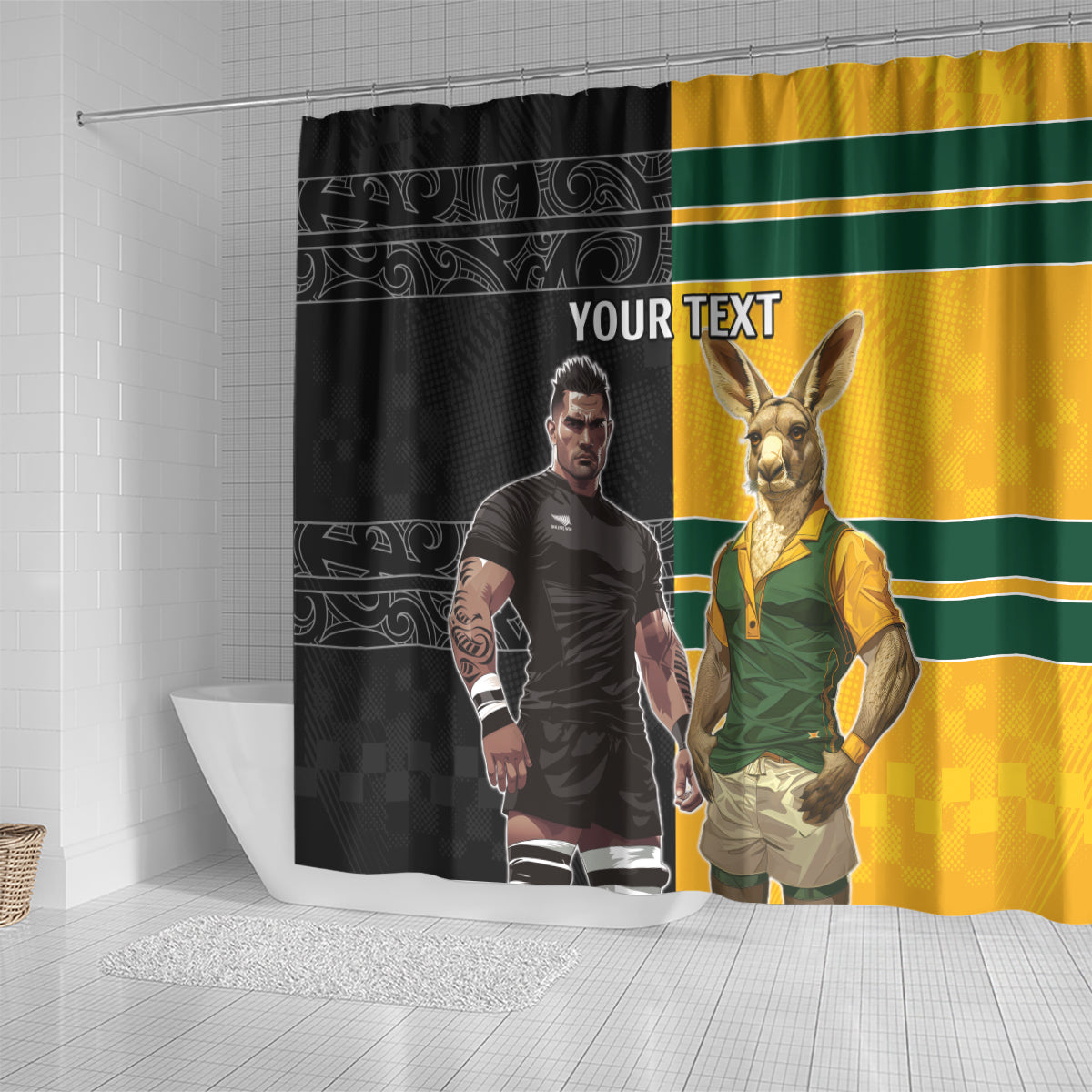 Custom New Zealand and Australia Rugby Shower Curtain Kangroo and Maori Warrior Together