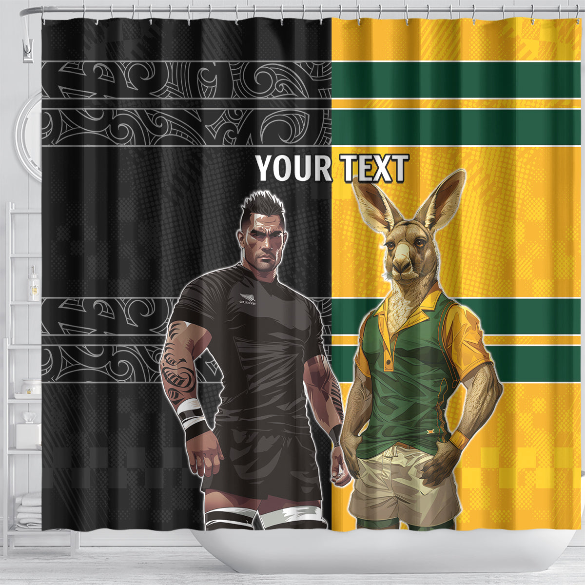 Custom New Zealand and Australia Rugby Shower Curtain Kangroo and Maori Warrior Together