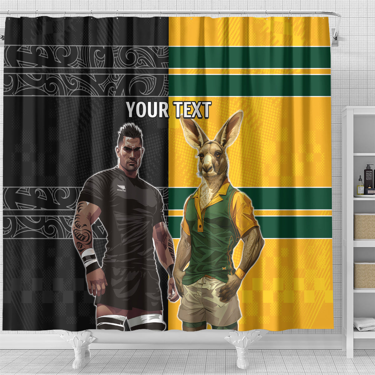 Custom New Zealand and Australia Rugby Shower Curtain Kangroo and Maori Warrior Together