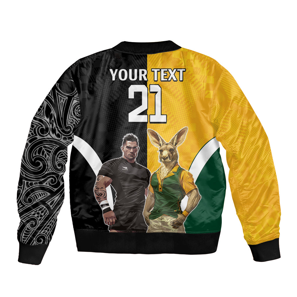 Custom New Zealand and Australia Rugby Sleeve Zip Bomber Jacket Kangroo and Maori Warrior Together