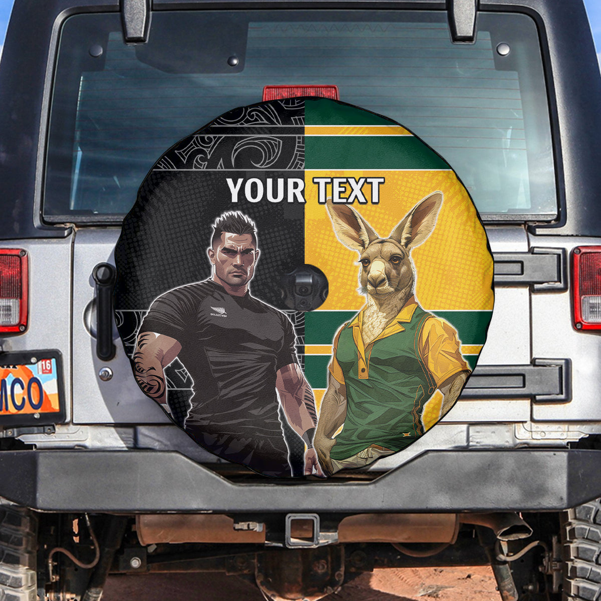 Custom New Zealand and Australia Rugby Spare Tire Cover Kangroo and Maori Warrior Together - Vibe Hoodie Shop