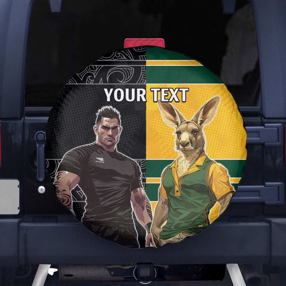 Custom New Zealand and Australia Rugby Spare Tire Cover Kangroo and Maori Warrior Together - Vibe Hoodie Shop