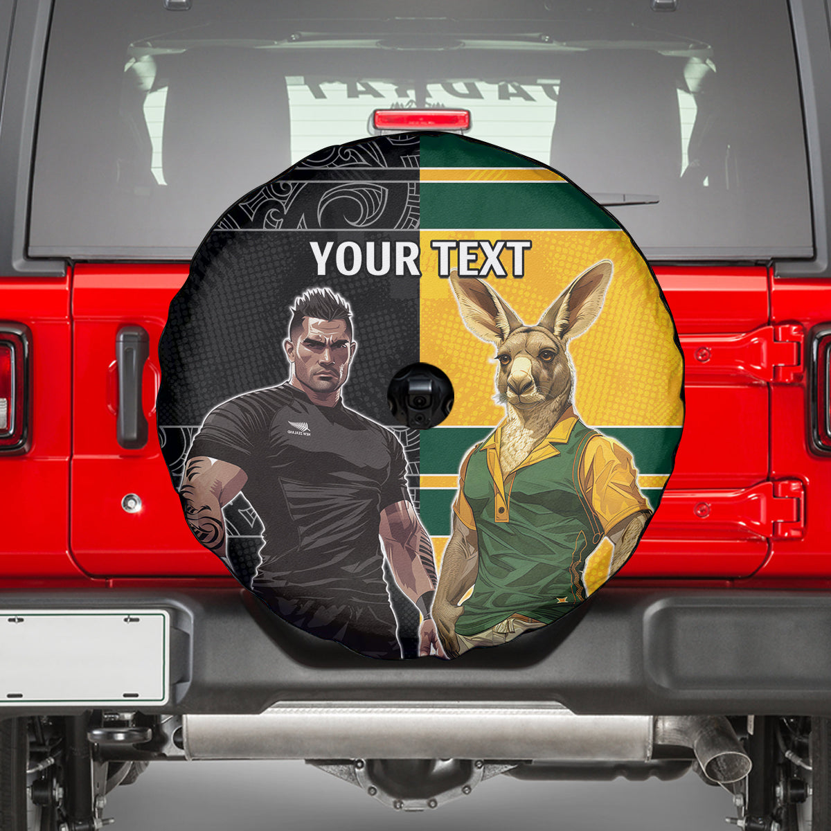 Custom New Zealand and Australia Rugby Spare Tire Cover Kangroo and Maori Warrior Together - Vibe Hoodie Shop