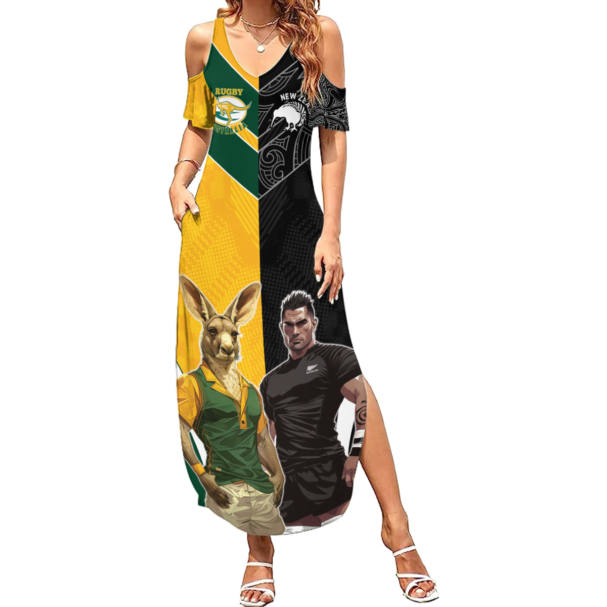 Custom New Zealand and Australia Rugby Summer Maxi Dress Kangroo and Maori Warrior Together
