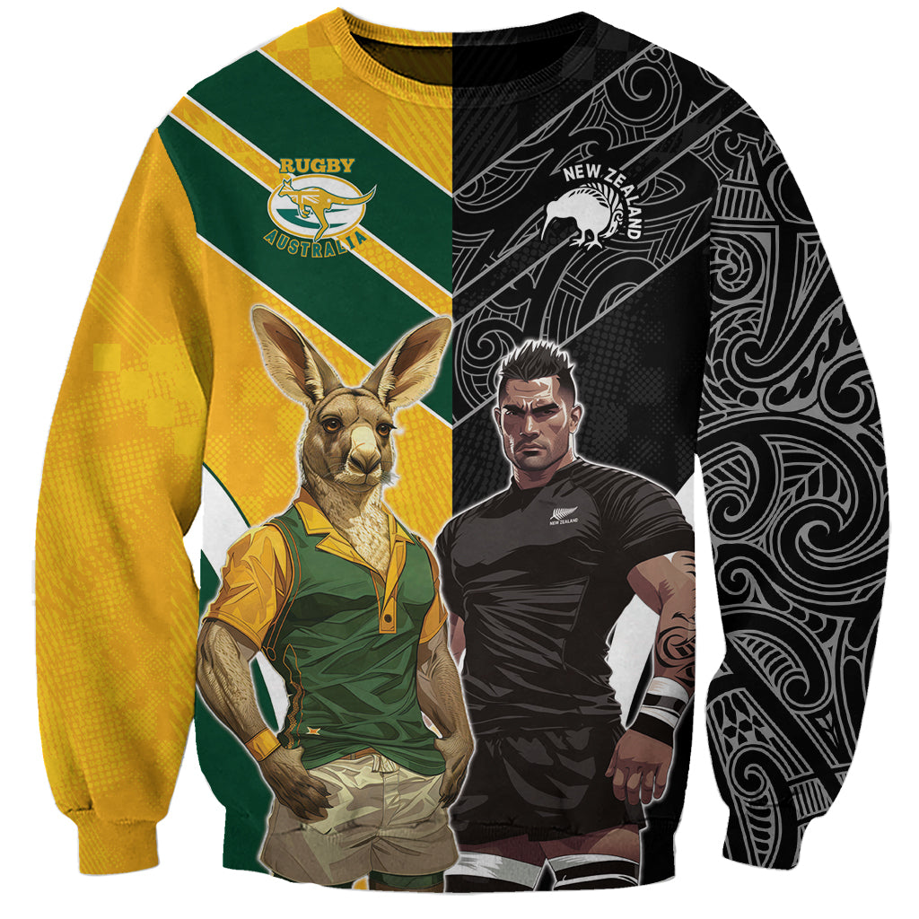 Custom New Zealand and Australia Rugby Sweatshirt Kangroo and Maori Warrior Together - Vibe Hoodie Shop