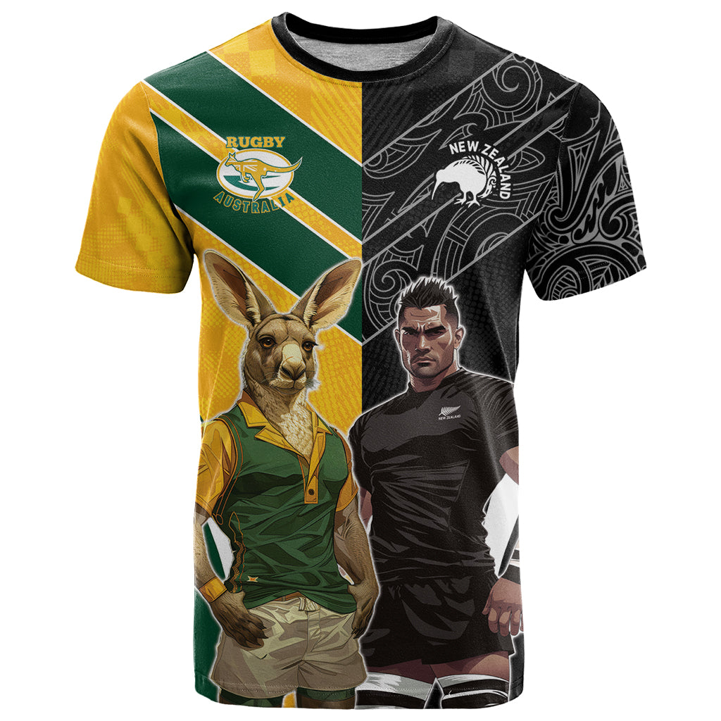 Custom New Zealand and Australia Rugby T Shirt Kangroo and Maori Warrior Together LT9 - Vibe Hoodie Shop