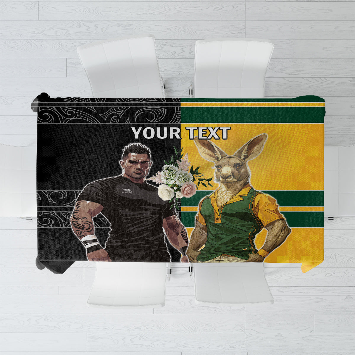 Custom New Zealand and Australia Rugby Tablecloth Kangroo and Maori Warrior Together