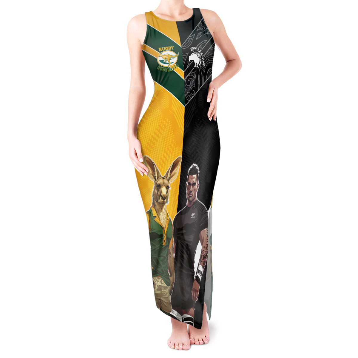 Custom New Zealand and Australia Rugby Tank Maxi Dress Kangroo and Maori Warrior Together