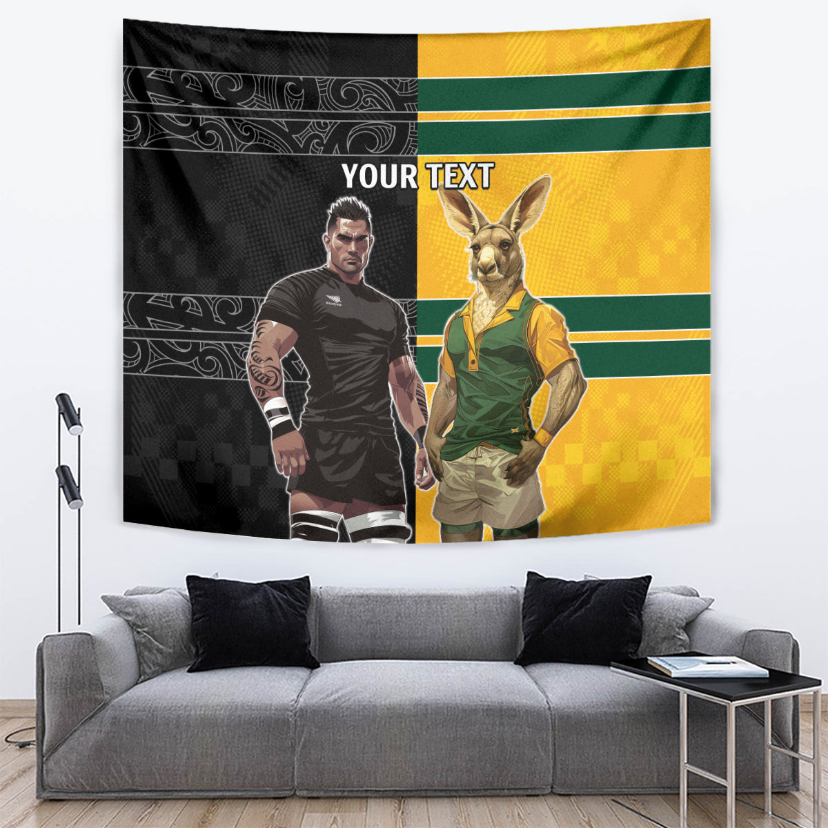 Custom New Zealand and Australia Rugby Tapestry Kangroo and Maori Warrior Together - Vibe Hoodie Shop