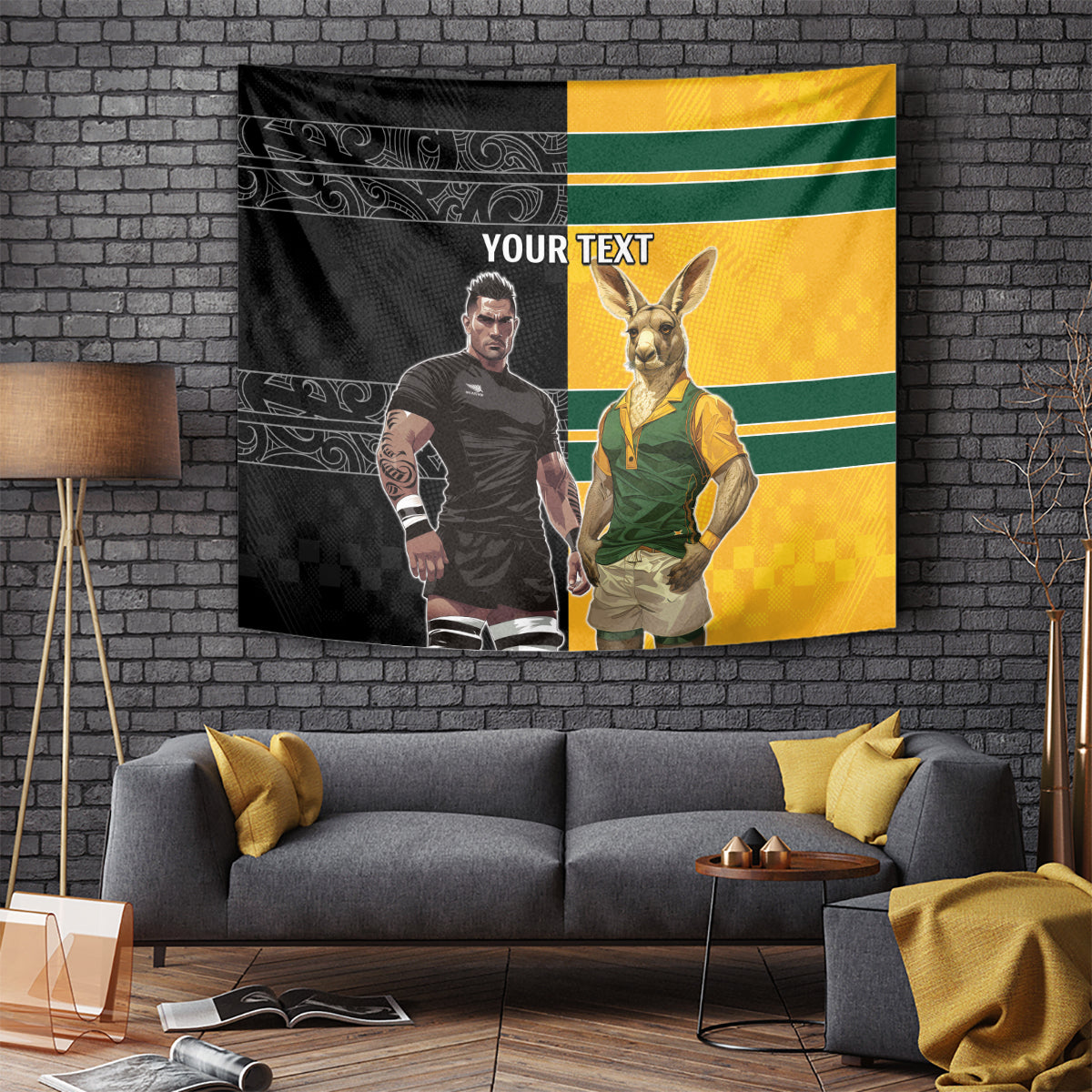 Custom New Zealand and Australia Rugby Tapestry Kangroo and Maori Warrior Together - Vibe Hoodie Shop