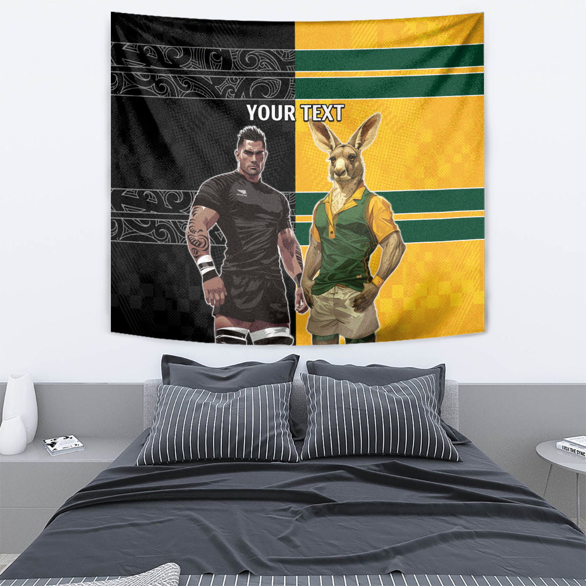 Custom New Zealand and Australia Rugby Tapestry Kangroo and Maori Warrior Together - Vibe Hoodie Shop