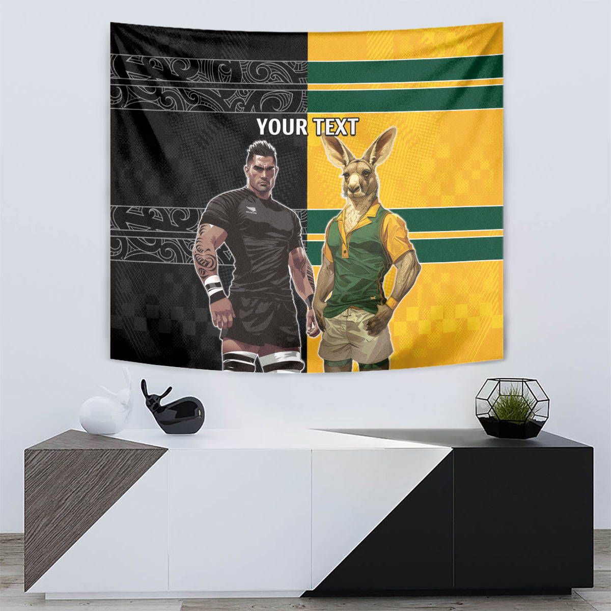 Custom New Zealand and Australia Rugby Tapestry Kangroo and Maori Warrior Together - Vibe Hoodie Shop