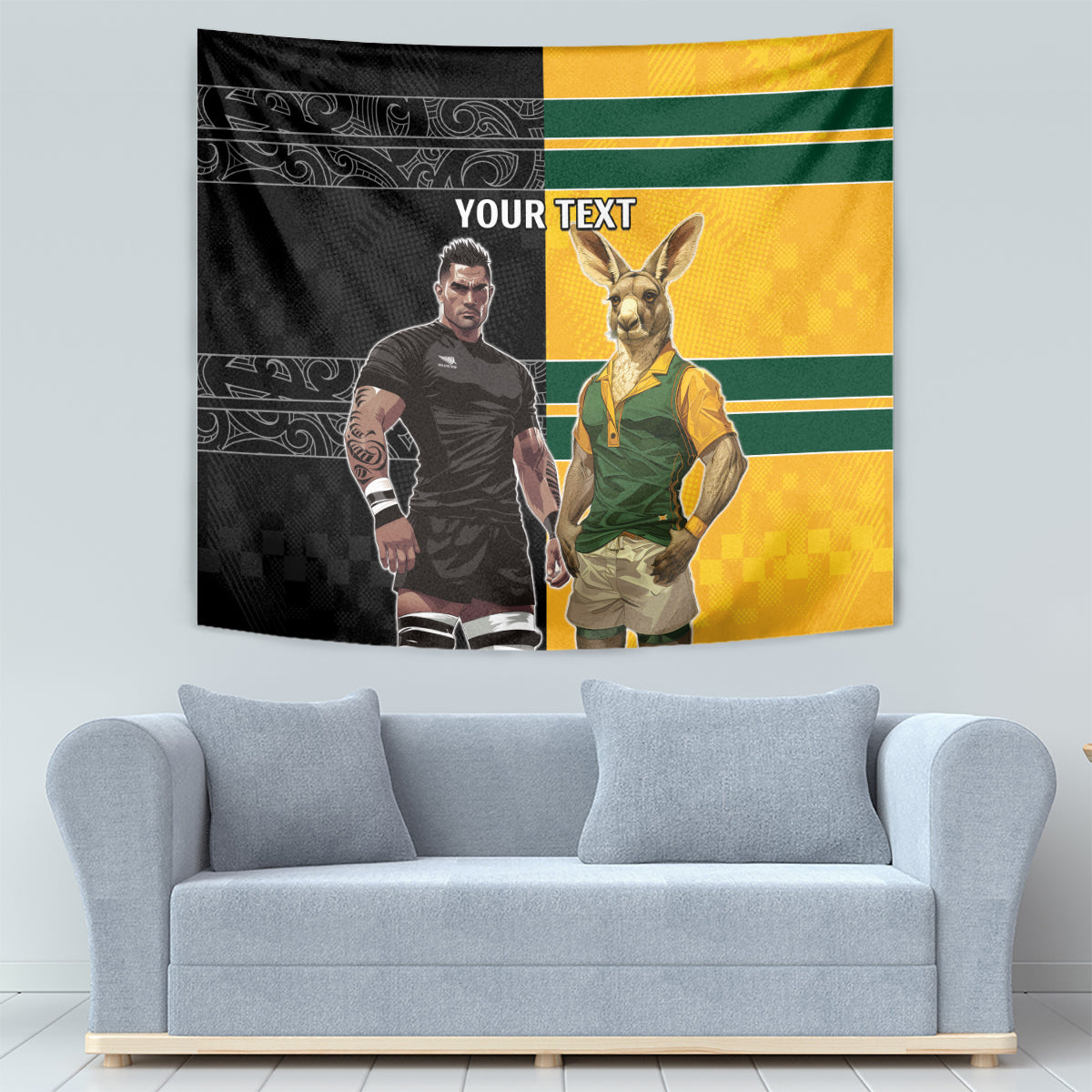 Custom New Zealand and Australia Rugby Tapestry Kangroo and Maori Warrior Together - Vibe Hoodie Shop