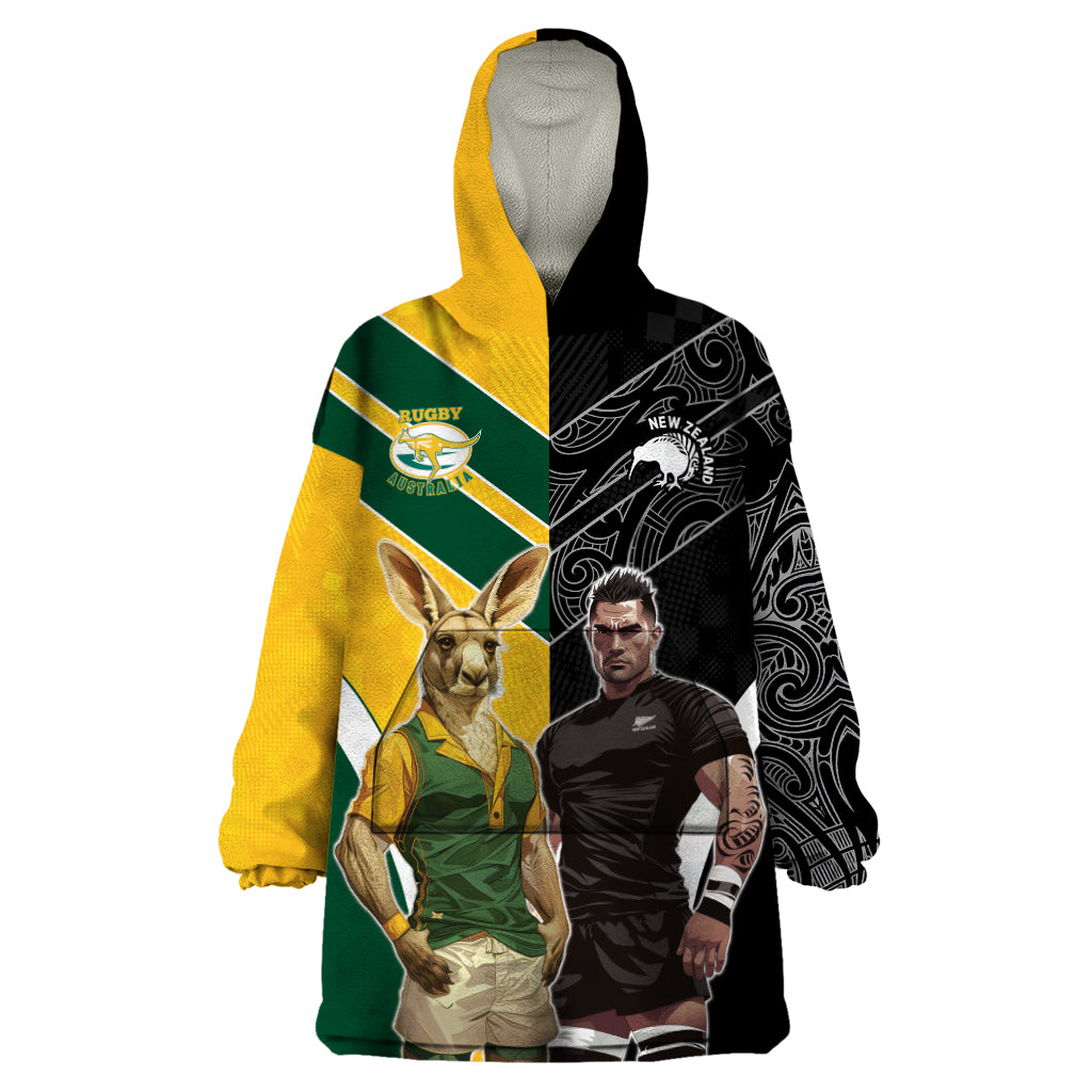 Custom New Zealand and Australia Rugby Wearable Blanket Hoodie Kangroo and Maori Warrior Together - Vibe Hoodie Shop