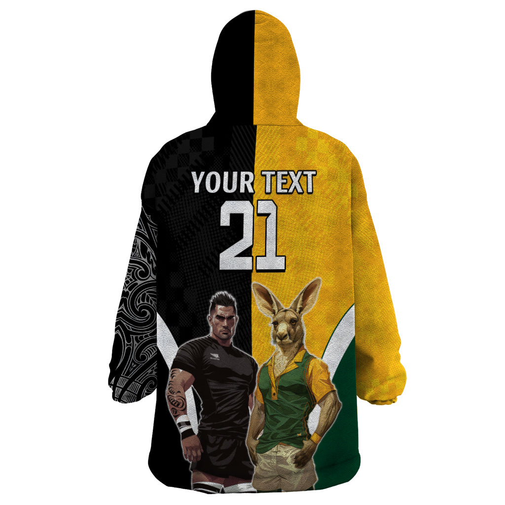 Custom New Zealand and Australia Rugby Wearable Blanket Hoodie Kangroo and Maori Warrior Together - Vibe Hoodie Shop