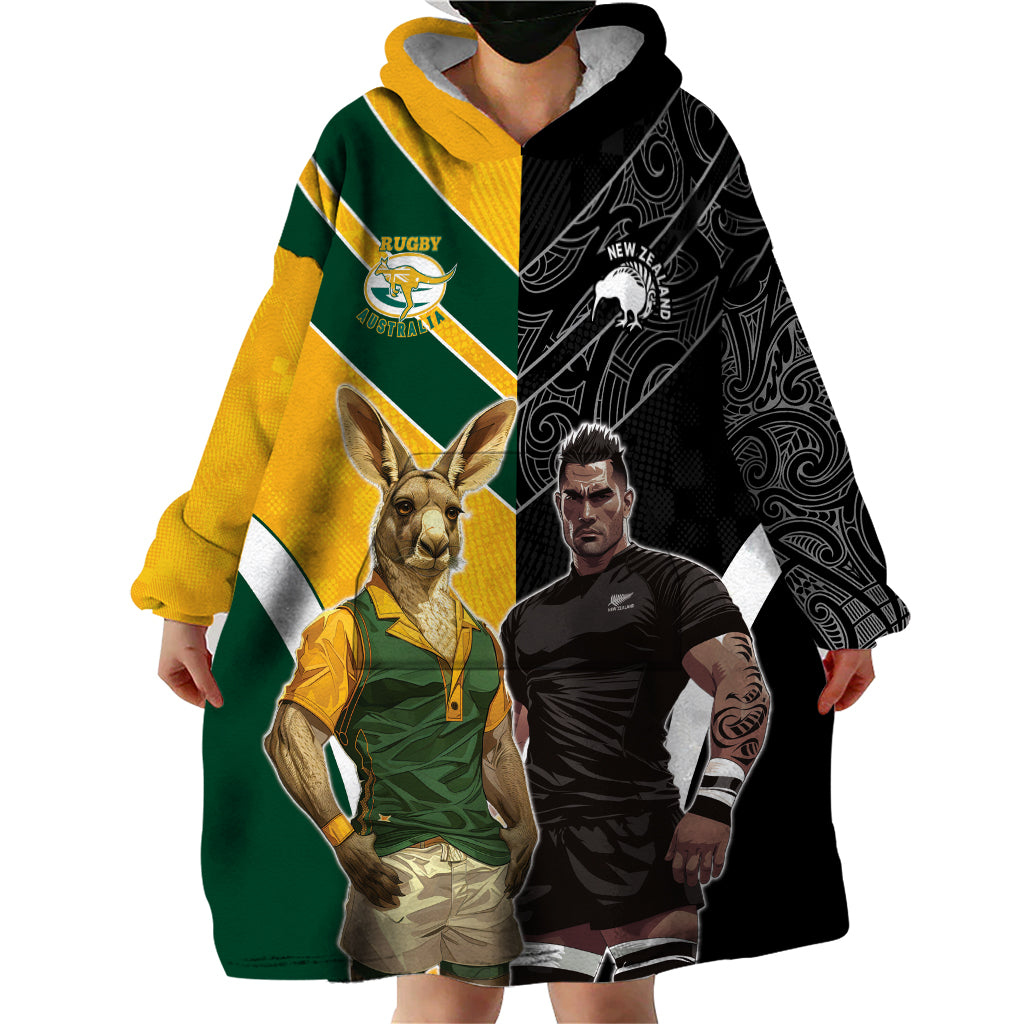 Custom New Zealand and Australia Rugby Wearable Blanket Hoodie Kangroo and Maori Warrior Together - Vibe Hoodie Shop