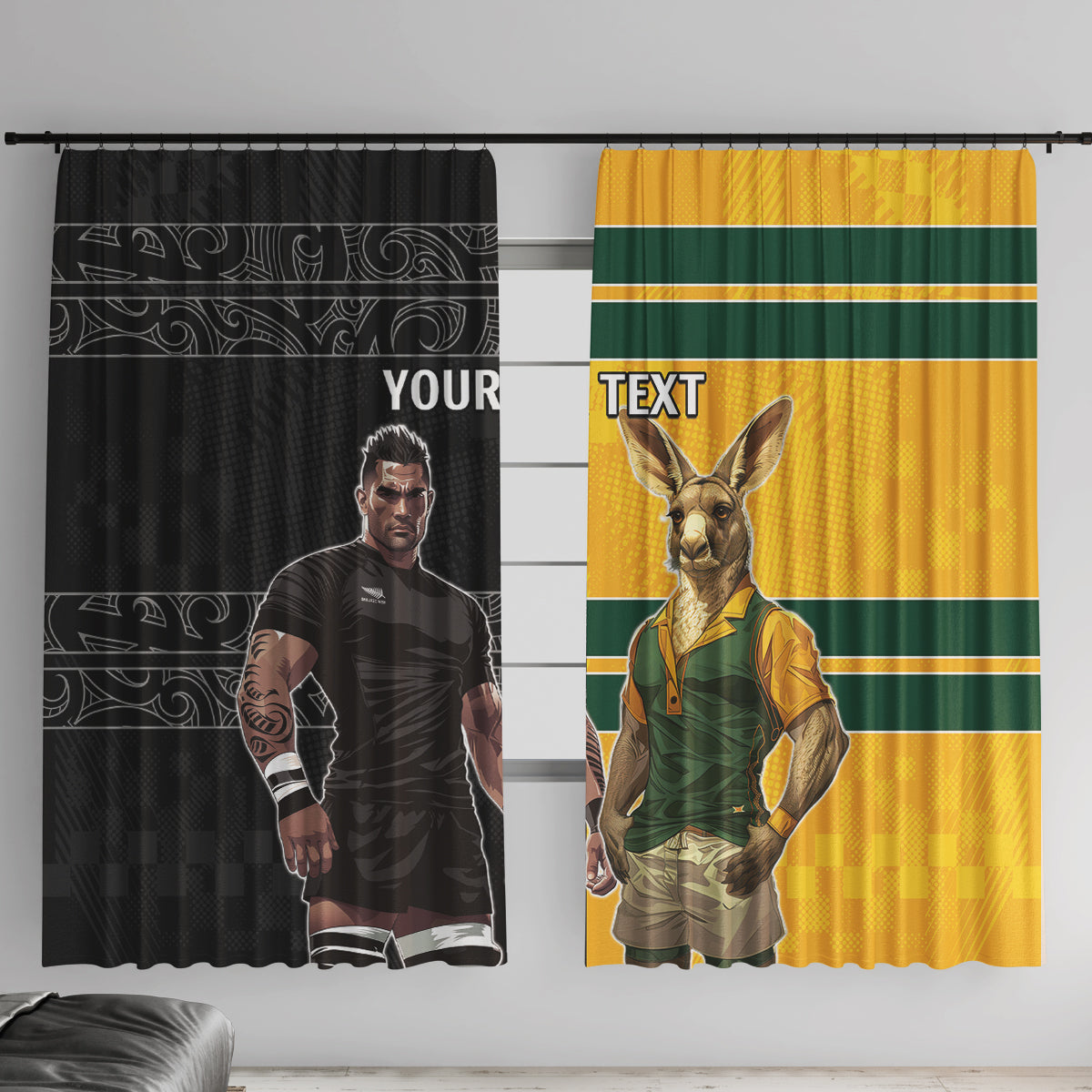 Custom New Zealand and Australia Rugby Window Curtain Kangroo and Maori Warrior Together