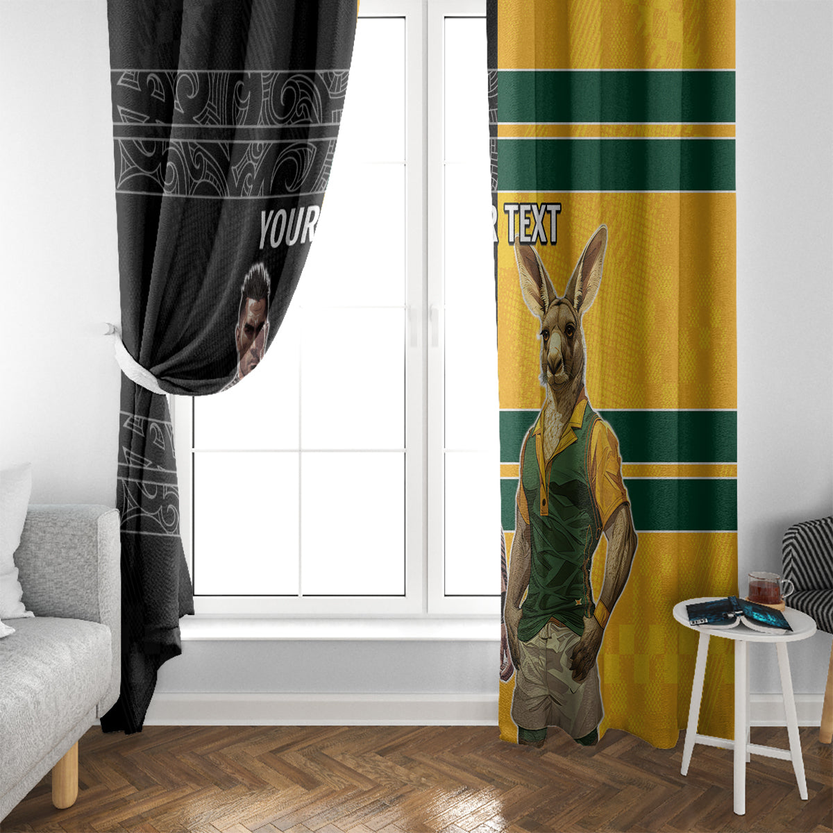 Custom New Zealand and Australia Rugby Window Curtain Kangroo and Maori Warrior Together
