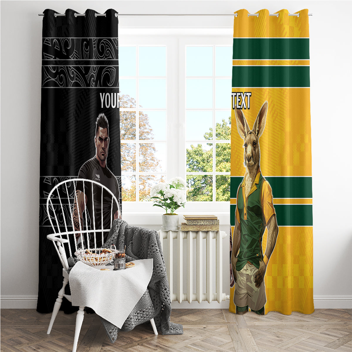 Custom New Zealand and Australia Rugby Window Curtain Kangroo and Maori Warrior Together