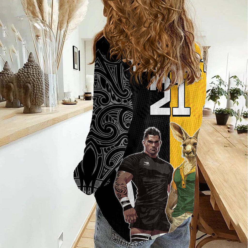 Custom New Zealand and Australia Rugby Women Casual Shirt Kangroo and Maori Warrior Together - Vibe Hoodie Shop