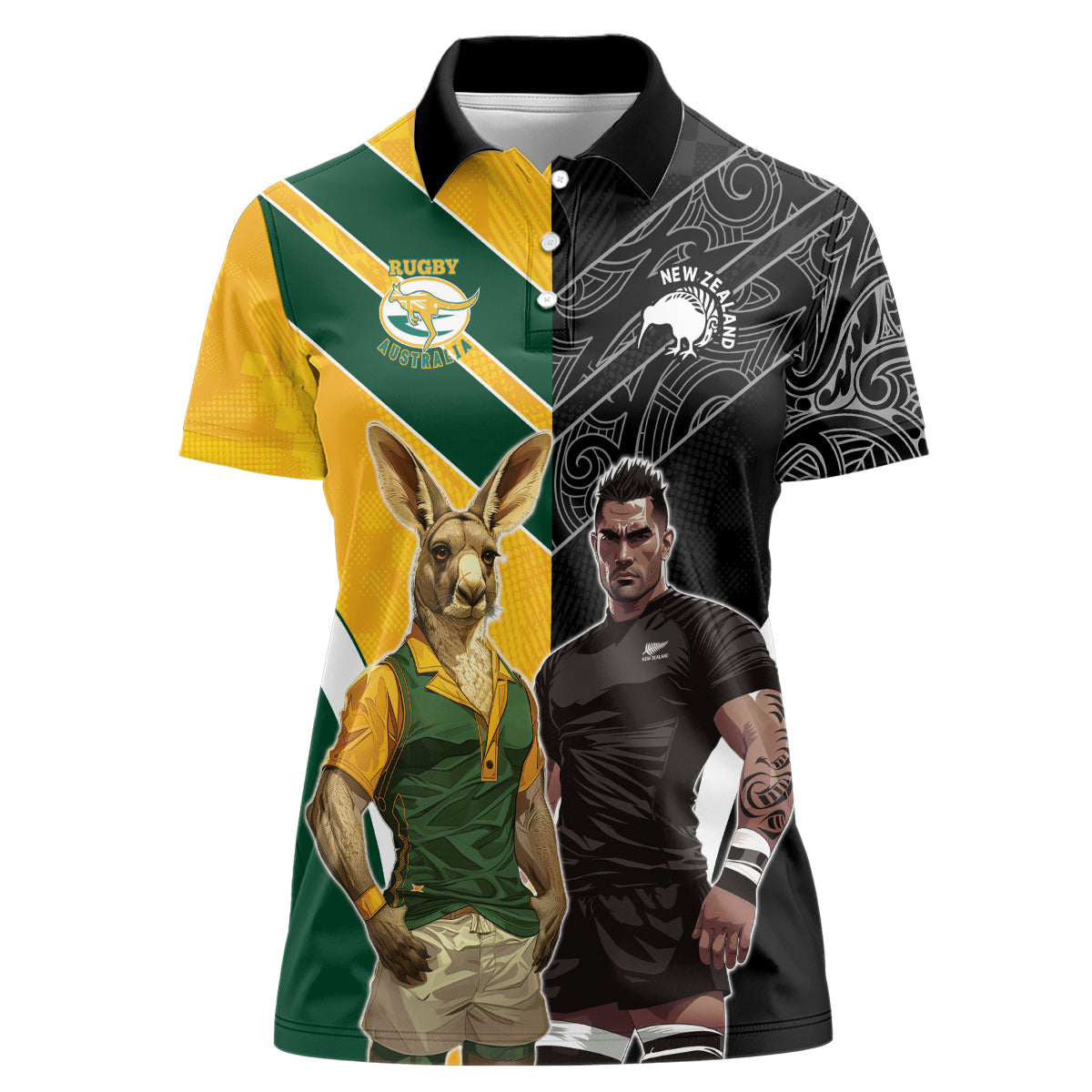 Custom New Zealand and Australia Rugby Women Polo Shirt Kangroo and Maori Warrior Together - Vibe Hoodie Shop
