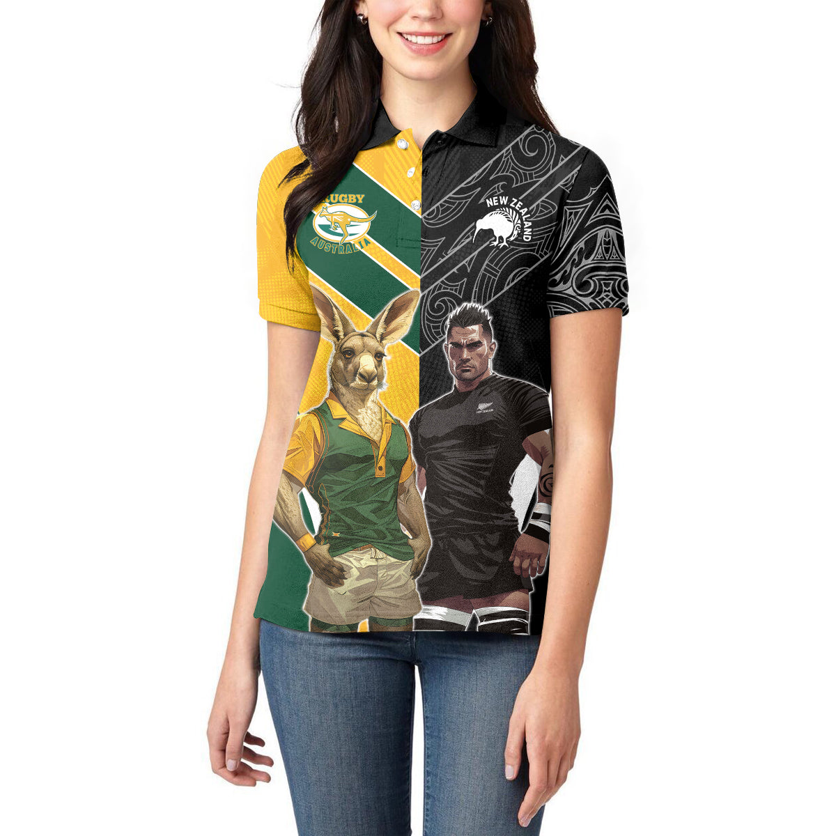 Custom New Zealand and Australia Rugby Women Polo Shirt Kangroo and Maori Warrior Together - Vibe Hoodie Shop