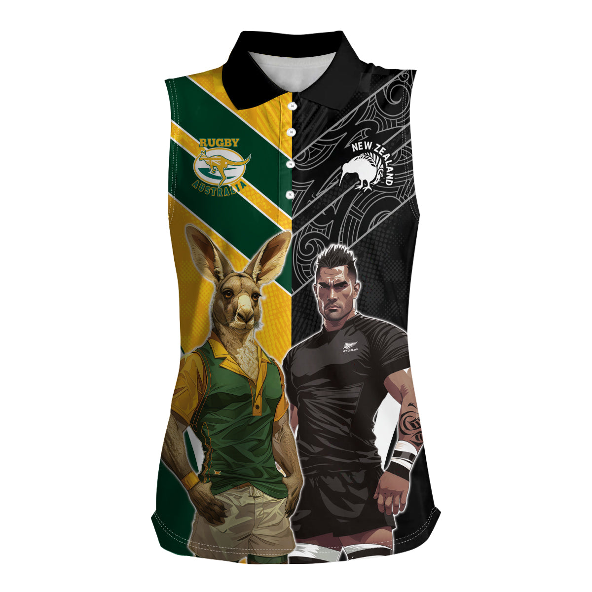 Custom New Zealand and Australia Rugby Women Sleeveless Polo Shirt Kangroo and Maori Warrior Together