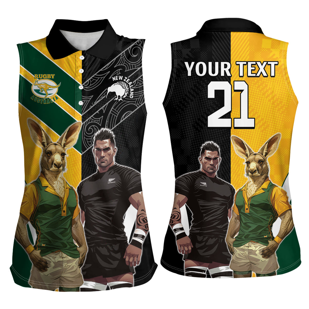 Custom New Zealand and Australia Rugby Women Sleeveless Polo Shirt Kangroo and Maori Warrior Together