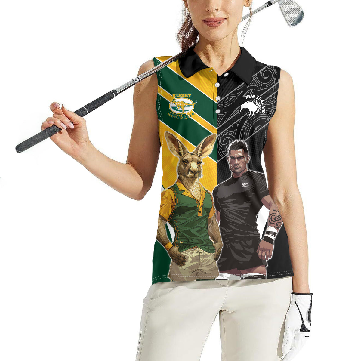 Custom New Zealand and Australia Rugby Women Sleeveless Polo Shirt Kangroo and Maori Warrior Together