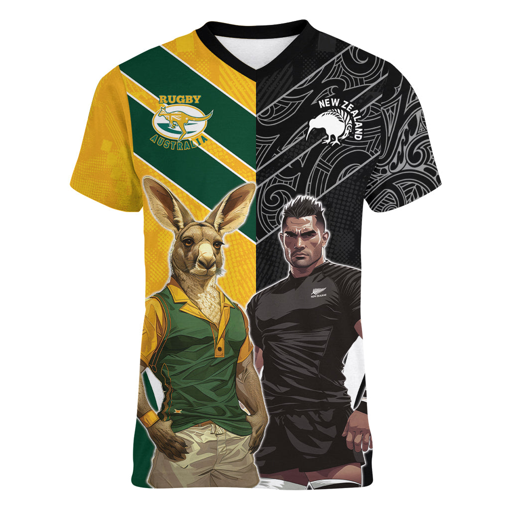 Custom New Zealand and Australia Rugby Women V-Neck T-Shirt Kangroo and Maori Warrior Together - Vibe Hoodie Shop