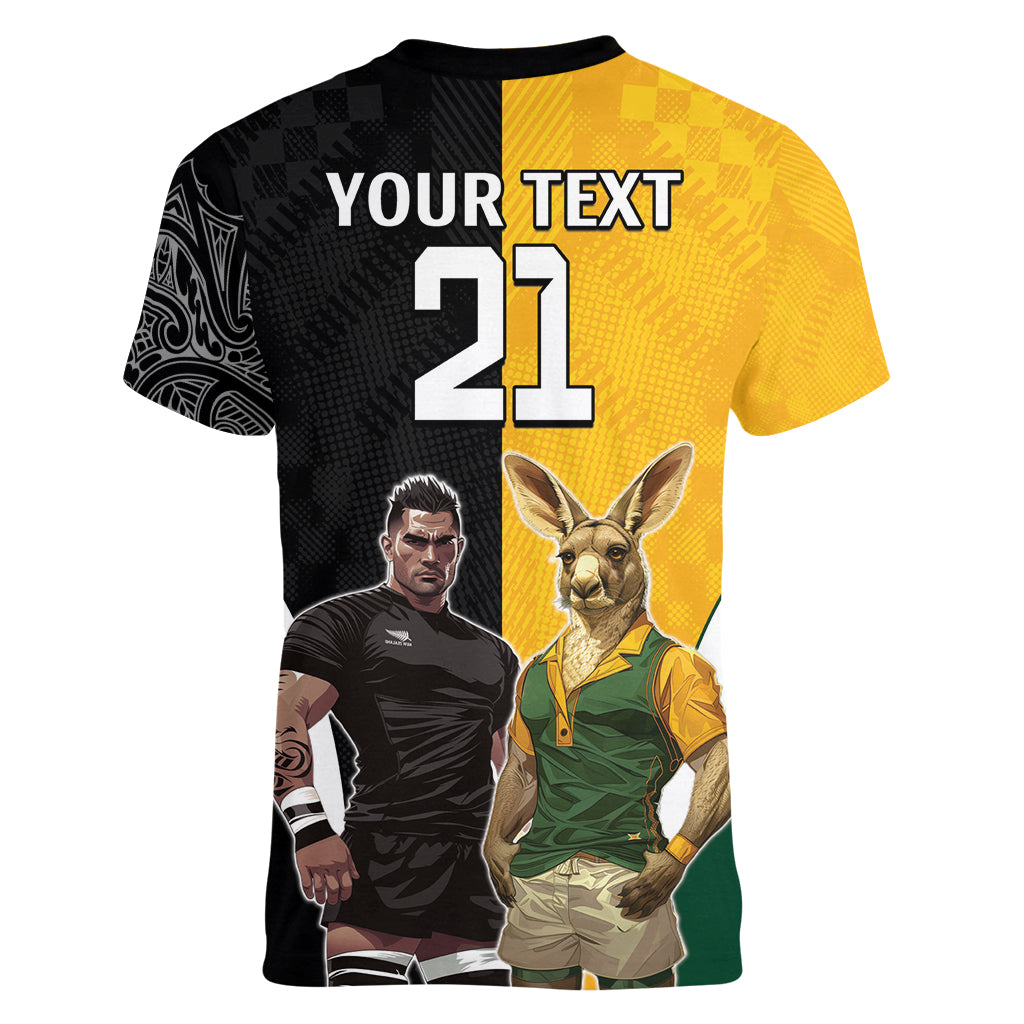 Custom New Zealand and Australia Rugby Women V-Neck T-Shirt Kangroo and Maori Warrior Together - Vibe Hoodie Shop