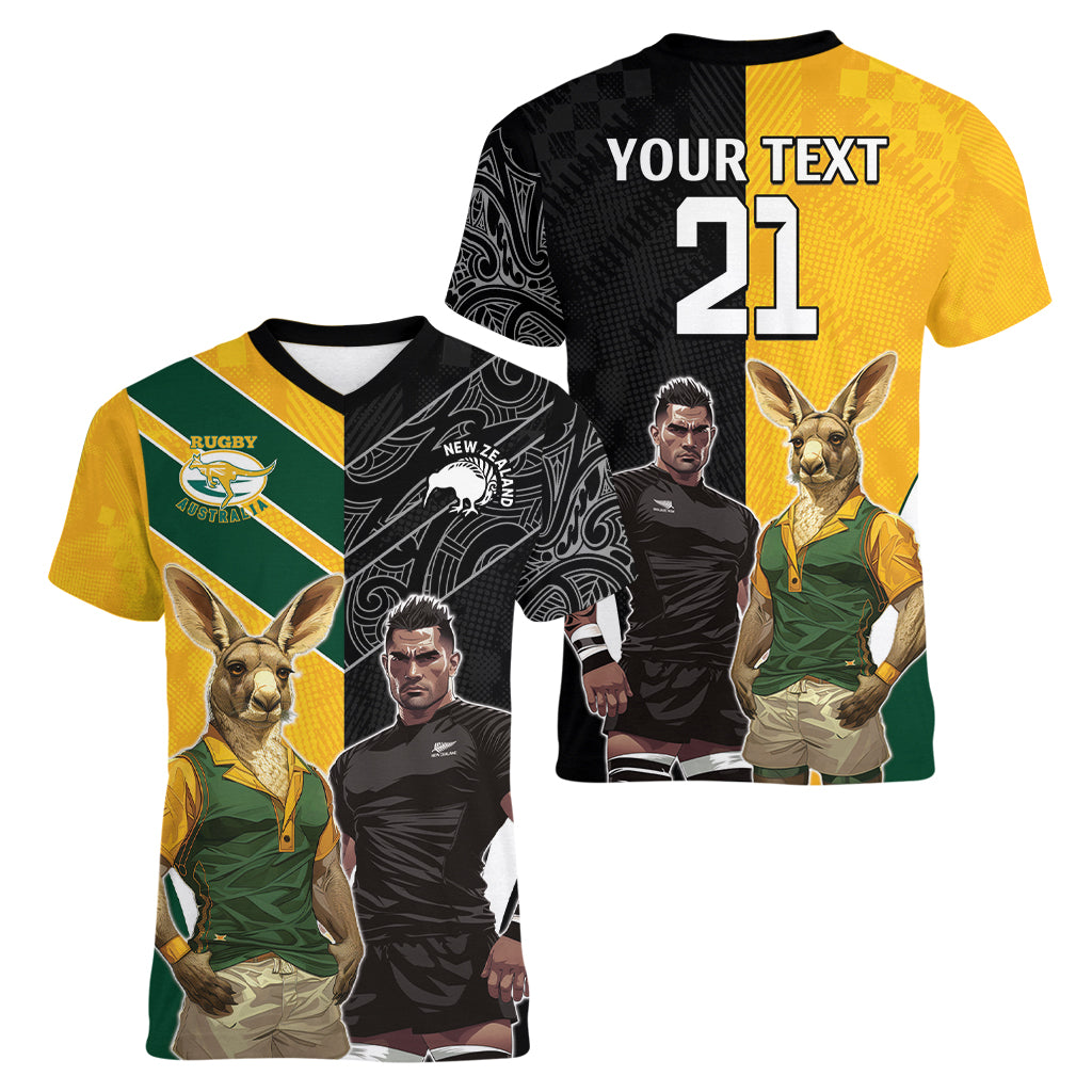 Custom New Zealand and Australia Rugby Women V-Neck T-Shirt Kangroo and Maori Warrior Together - Vibe Hoodie Shop