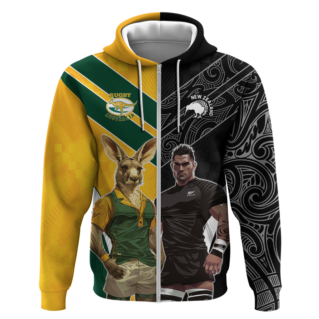 Custom New Zealand and Australia Rugby Zip Hoodie Kangroo and Maori Warrior Together - Vibe Hoodie Shop