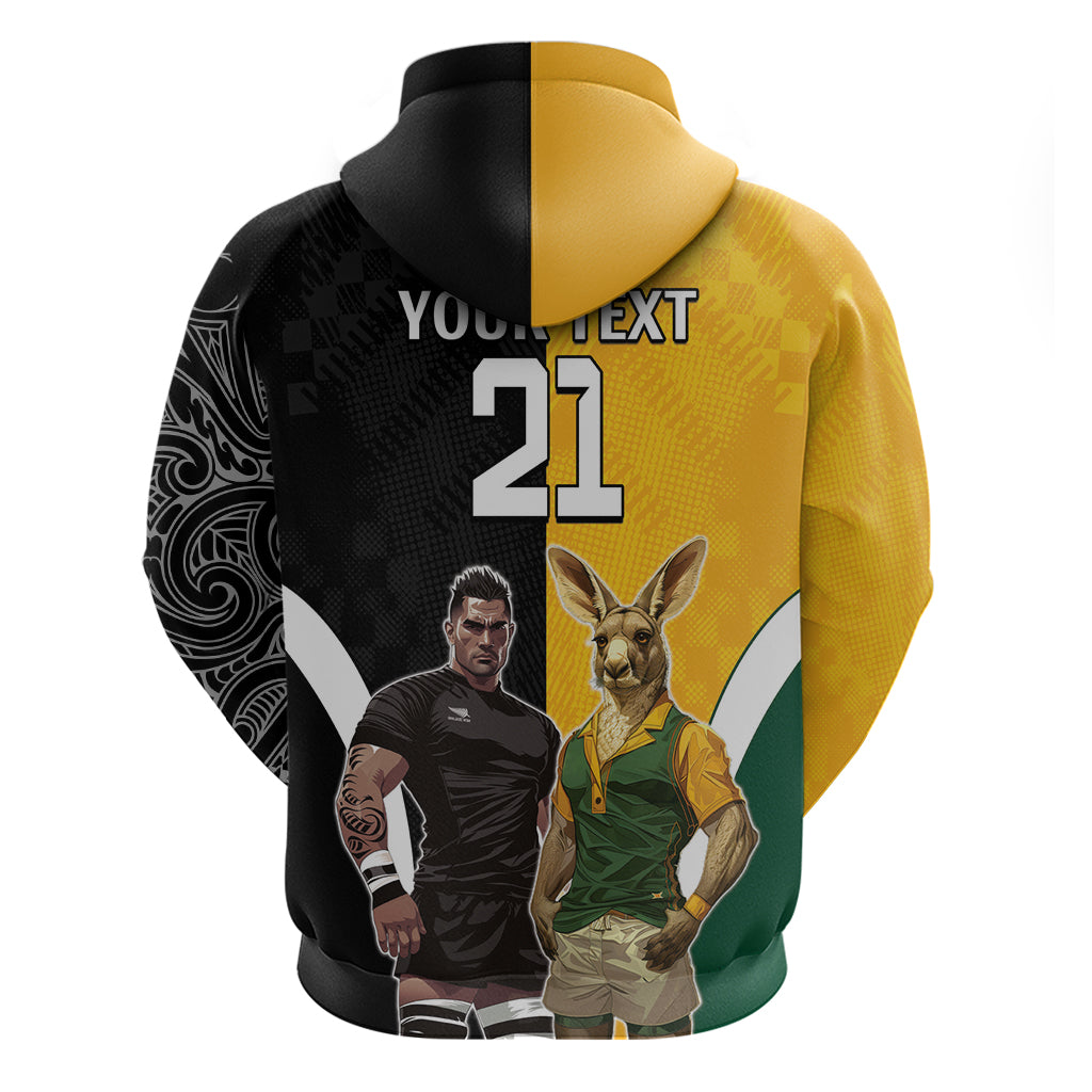 Custom New Zealand and Australia Rugby Zip Hoodie Kangroo and Maori Warrior Together - Vibe Hoodie Shop