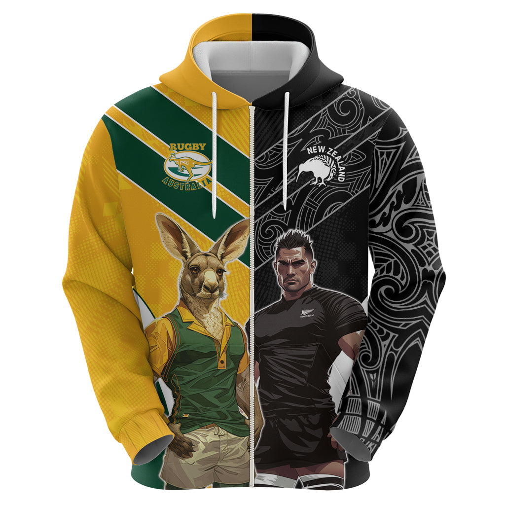 Custom New Zealand and Australia Rugby Zip Hoodie Kangroo and Maori Warrior Together - Vibe Hoodie Shop