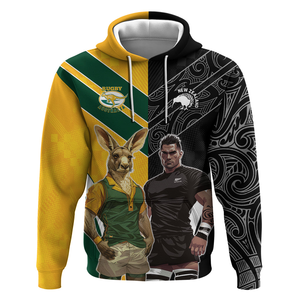Custom New Zealand and Australia Rugby Zip Hoodie Kangroo and Maori Warrior Together - Vibe Hoodie Shop