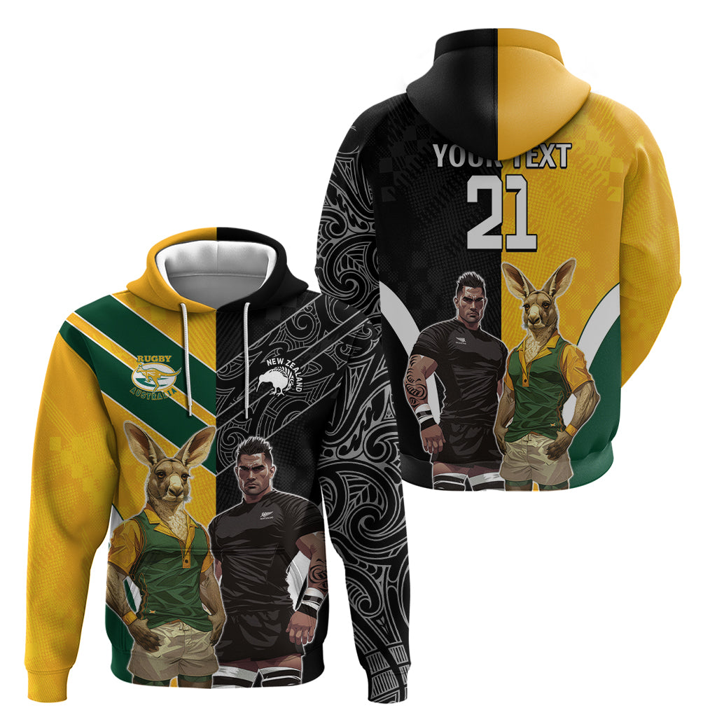 Custom New Zealand and Australia Rugby Zip Hoodie Kangroo and Maori Warrior Together - Vibe Hoodie Shop