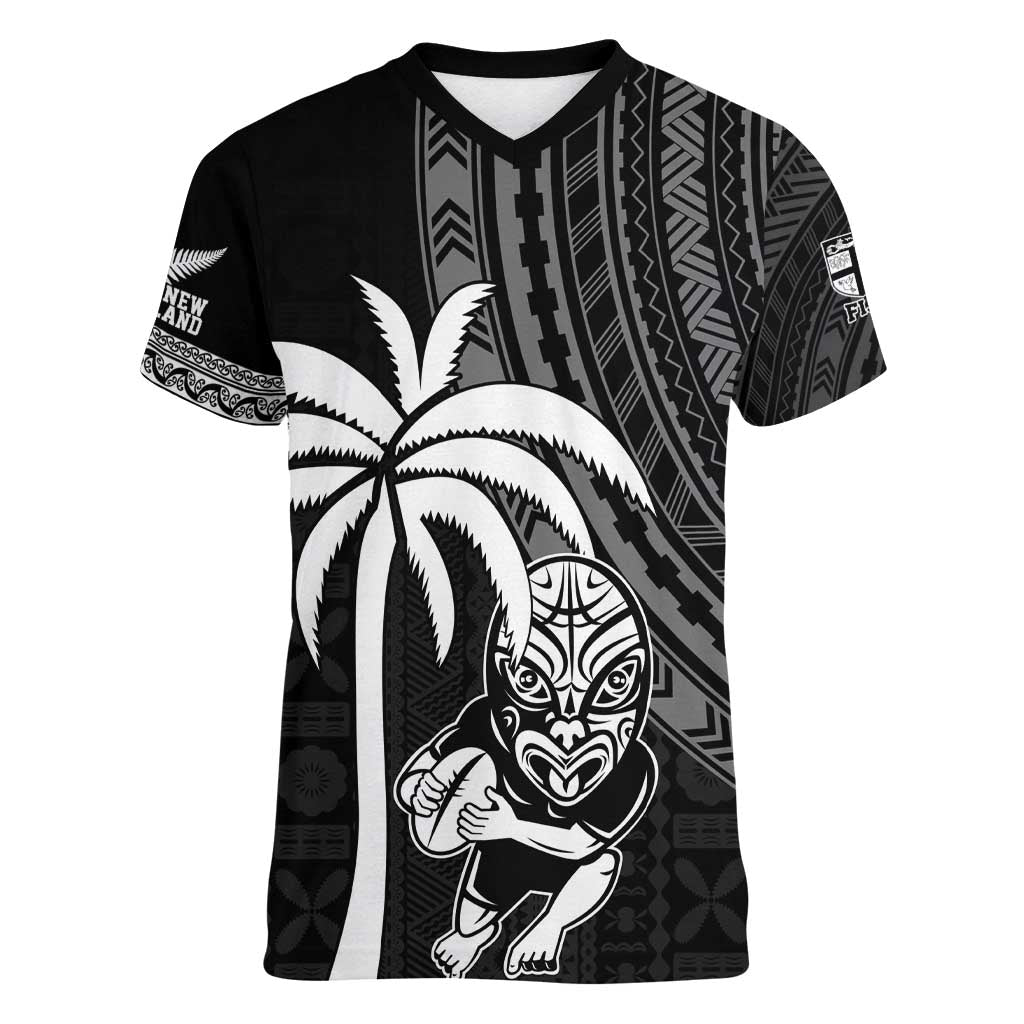 Custom Fiji New Zealand Rugby Women V-Neck T-Shirt Make History Together - Vibe Hoodie Shop