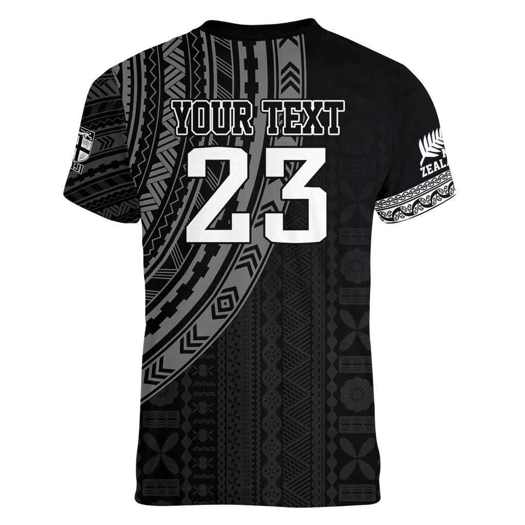 Custom Fiji New Zealand Rugby Women V-Neck T-Shirt Make History Together - Vibe Hoodie Shop