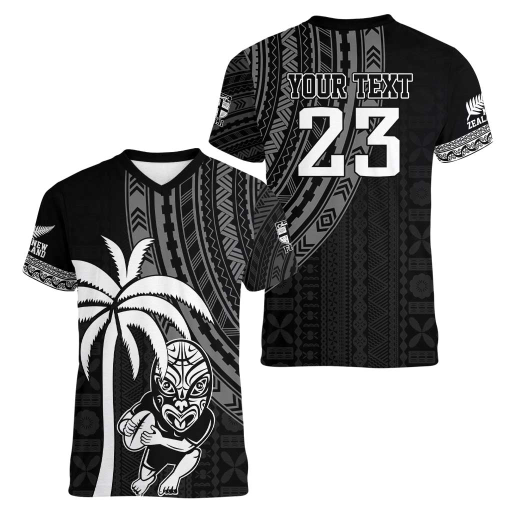 Custom Fiji New Zealand Rugby Women V-Neck T-Shirt Make History Together - Vibe Hoodie Shop