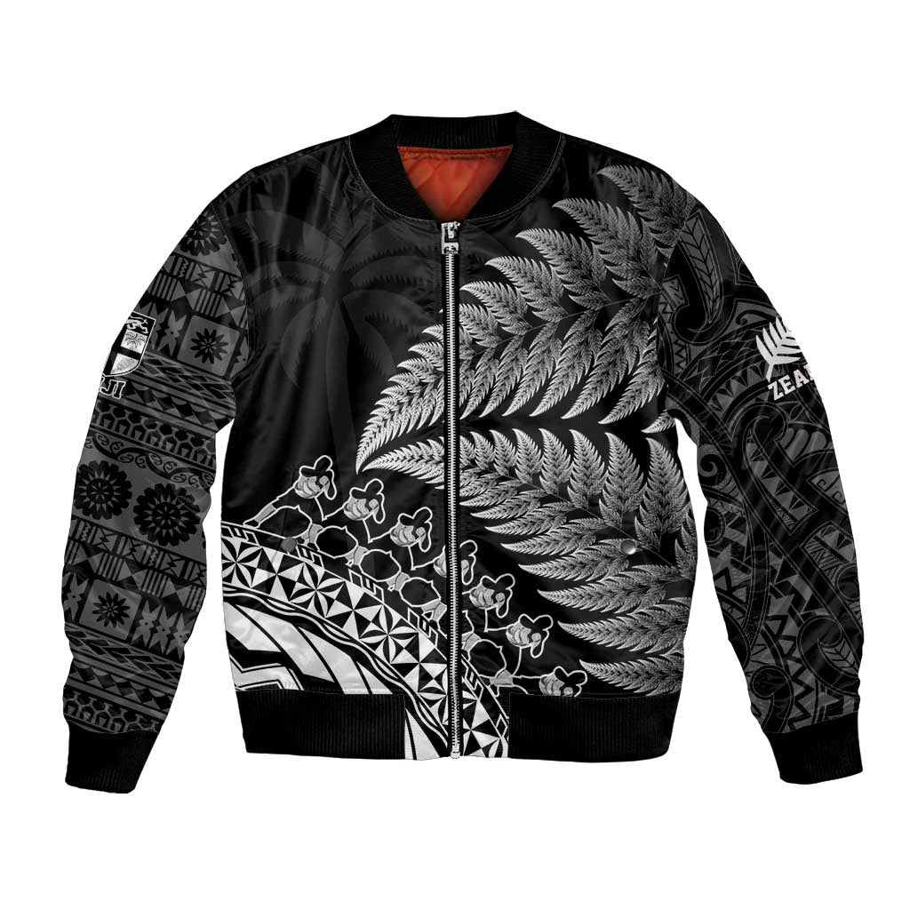Custom Fiji New Zealand Rugby Bomber Jacket Cibi Dance with Black Fern - Vibe Hoodie Shop