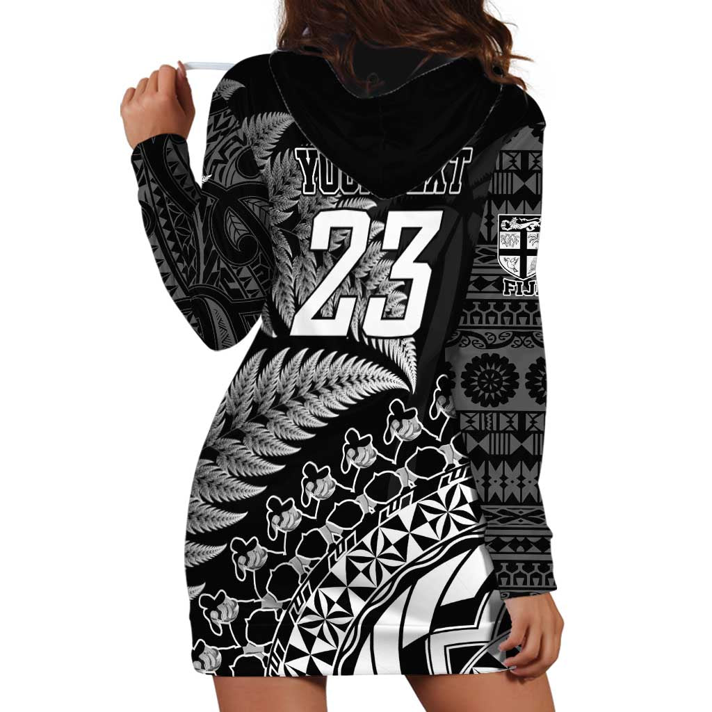 Custom Fiji New Zealand Rugby Hoodie Dress Cibi Dance with Black Fern - Vibe Hoodie Shop
