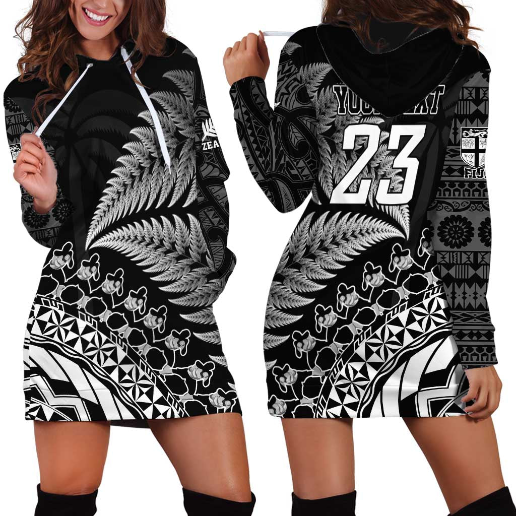 Custom Fiji New Zealand Rugby Hoodie Dress Cibi Dance with Black Fern - Vibe Hoodie Shop