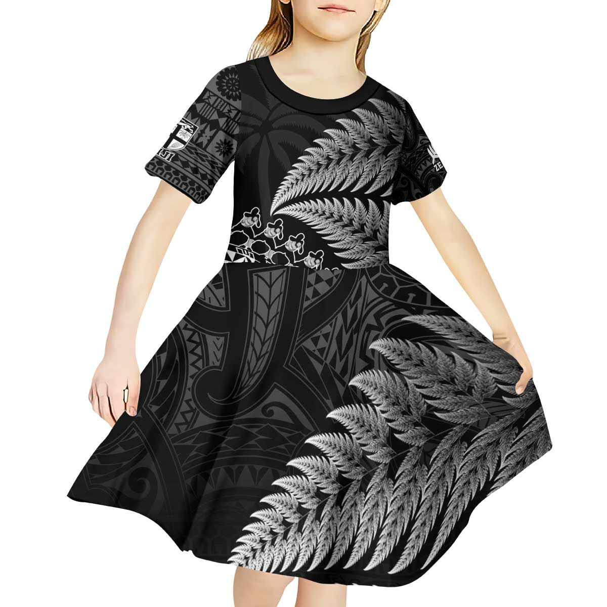 Custom Fiji New Zealand Rugby Kid Short Sleeve Dress Cibi Dance with Black Fern - Vibe Hoodie Shop