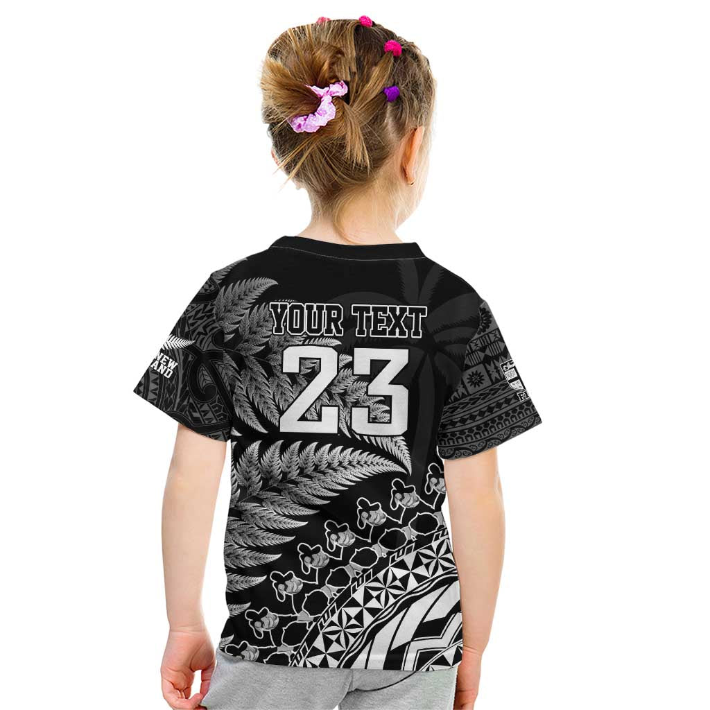 Custom Fiji New Zealand Rugby Kid T Shirt Cibi Dance with Black Fern - Vibe Hoodie Shop