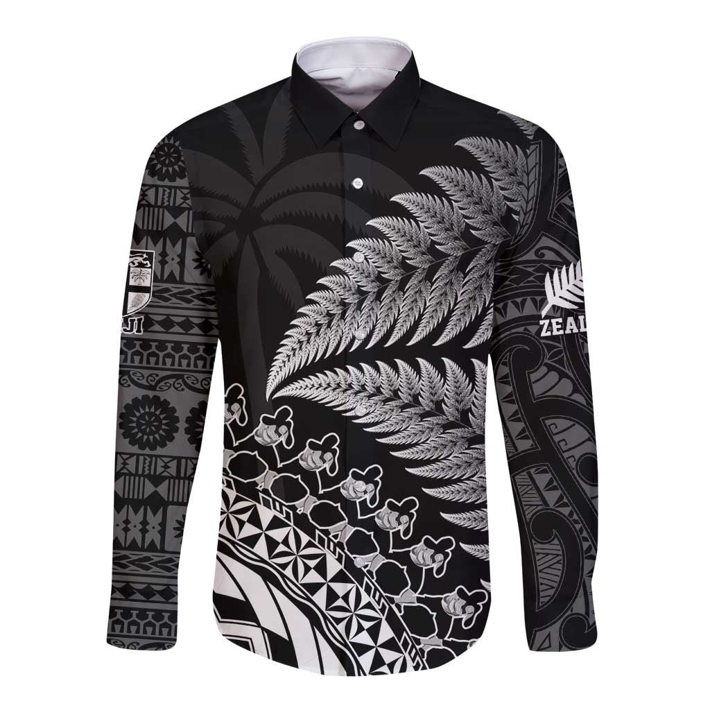 Custom Fiji New Zealand Rugby Long Sleeve Button Shirt Cibi Dance with Black Fern - Vibe Hoodie Shop