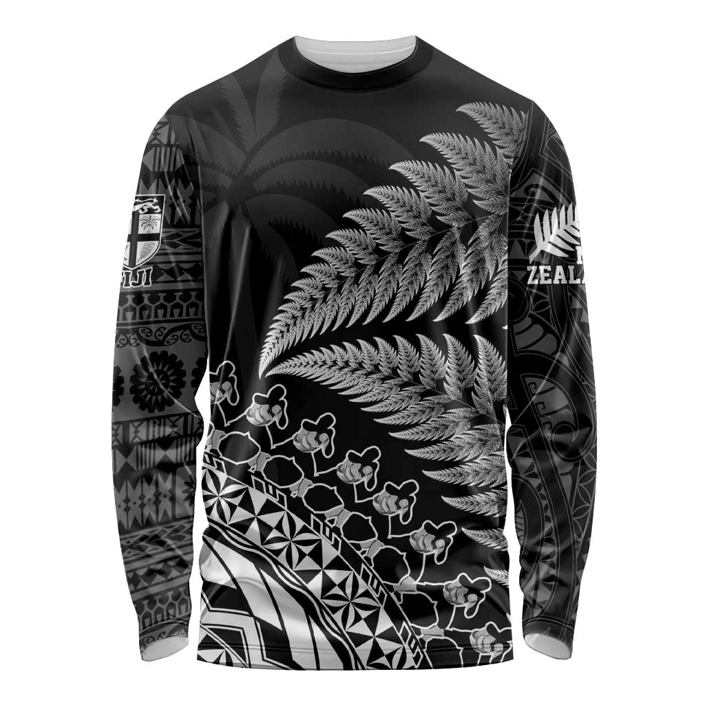 Custom Fiji New Zealand Rugby Long Sleeve Shirt Cibi Dance with Black Fern - Vibe Hoodie Shop