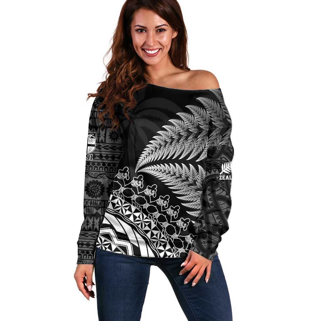 Custom Fiji New Zealand Rugby Off Shoulder Sweater Cibi Dance with Black Fern - Vibe Hoodie Shop