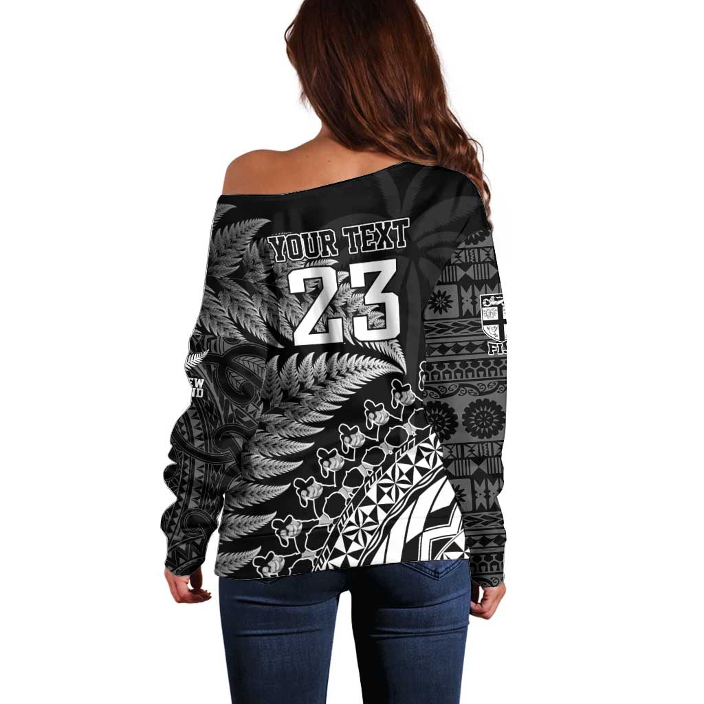Custom Fiji New Zealand Rugby Off Shoulder Sweater Cibi Dance with Black Fern - Vibe Hoodie Shop