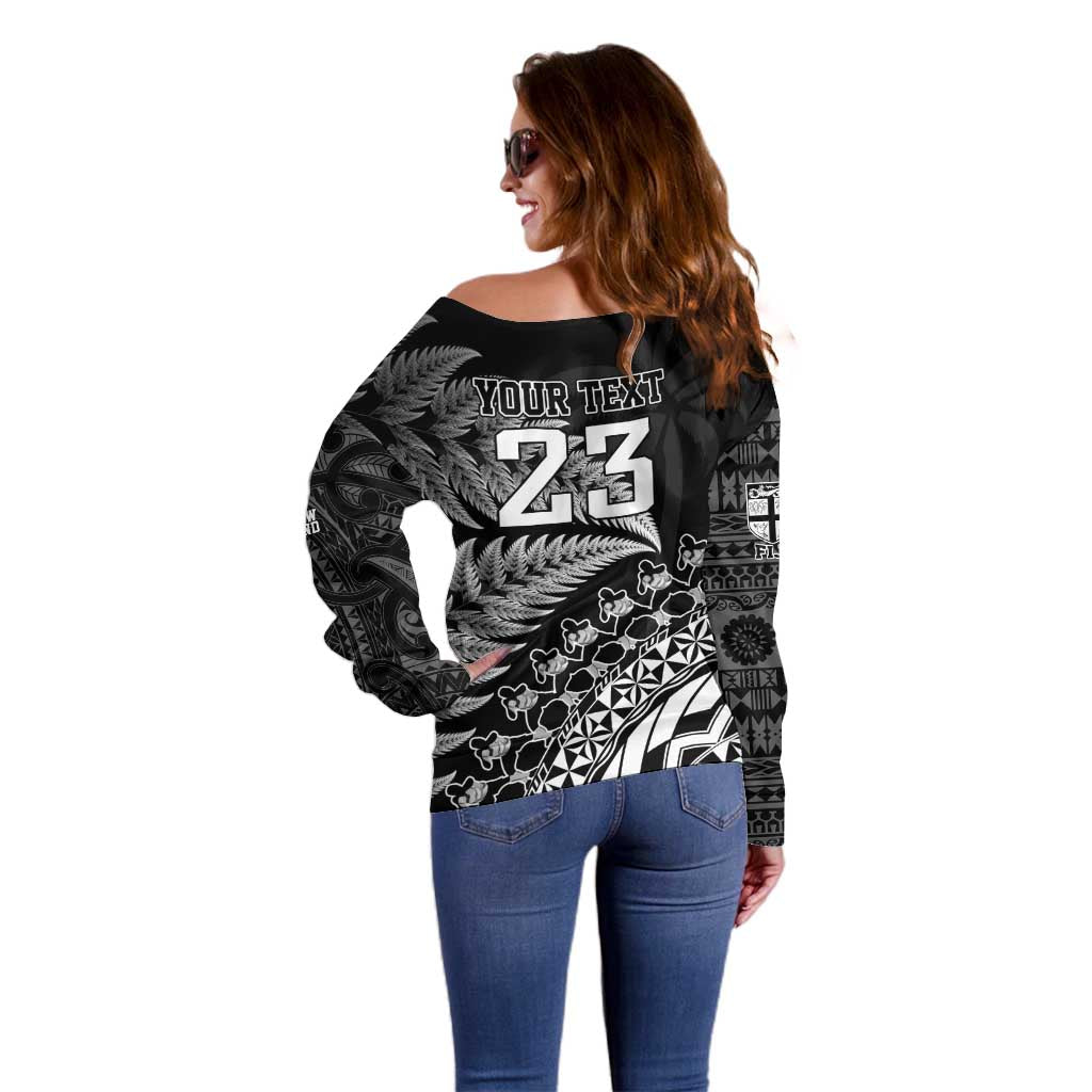 Custom Fiji New Zealand Rugby Off Shoulder Sweater Cibi Dance with Black Fern - Vibe Hoodie Shop